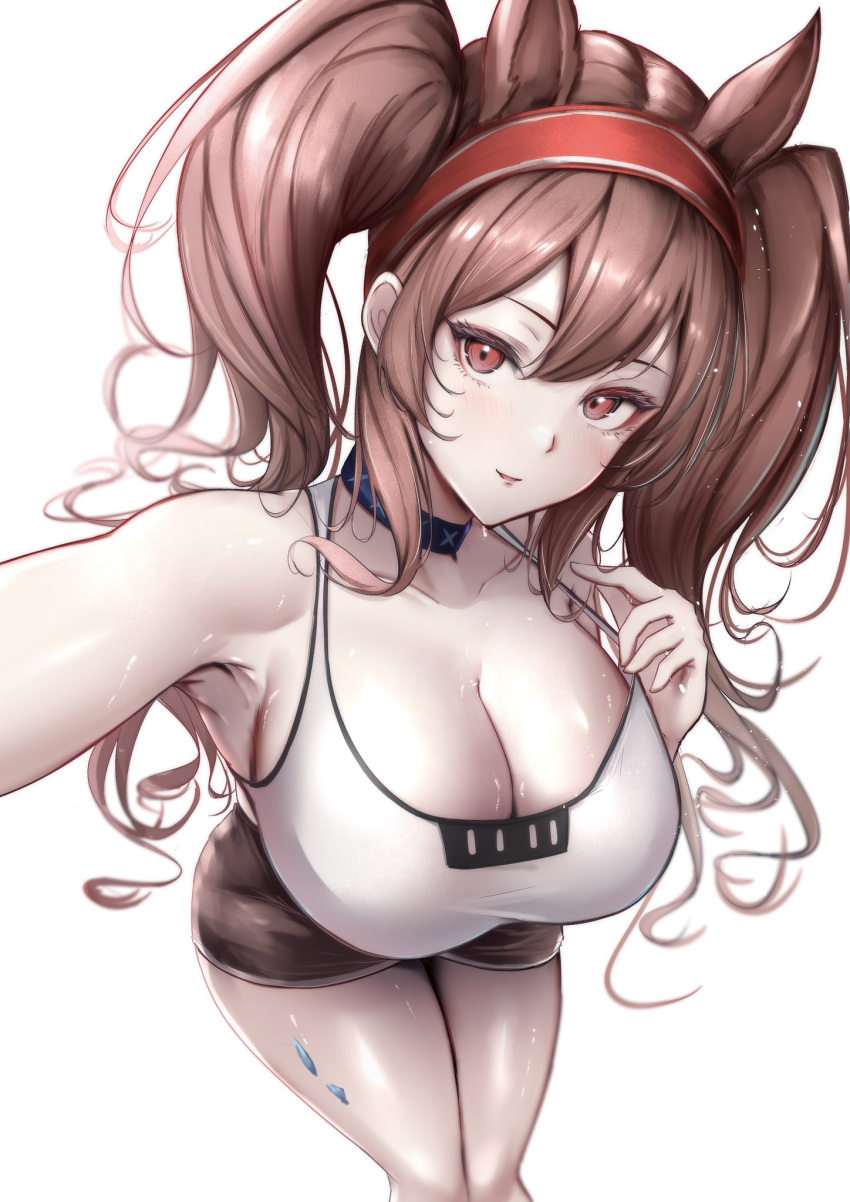 angelina_(arknights) angelina_(sports)_(arknights) animal_ears arknights armpits black_shorts breasts brown_hair cleavage collarbone female fox_ears hair_between_eyes hairband highres infection_monitor_(arknights) large_breasts long_hair official_alternate_costume poni_(poni_arknights) red_eyes red_hairband short_shorts shorts simple_background smile solo sports_bra twintails very_long_hair white_background white_sports_bra