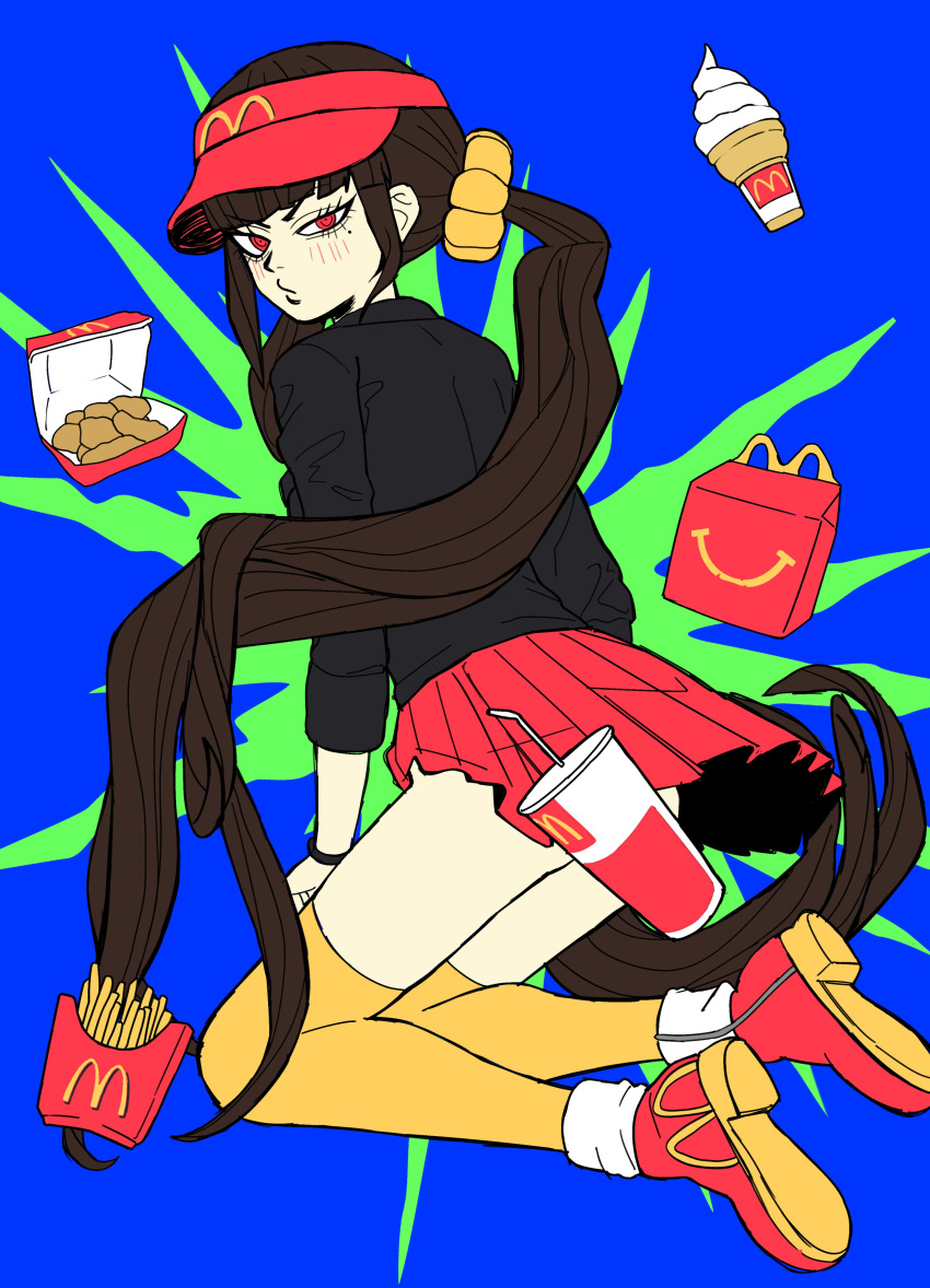 absurdres alternate_costume black_shirt brown_hair danganronpa_(series) danganronpa_v3:_killing_harmony fast_food female food french_fries from_behind hair_ornament hair_scrunchie harukawa_maki highres long_sleeves looking_at_viewer looking_back low_twintails mcdonald's miri_(bossu_osu) pleated_skirt red_eyes red_footwear red_skirt scrunchie shirt skirt solo twintails yellow_scrunchie