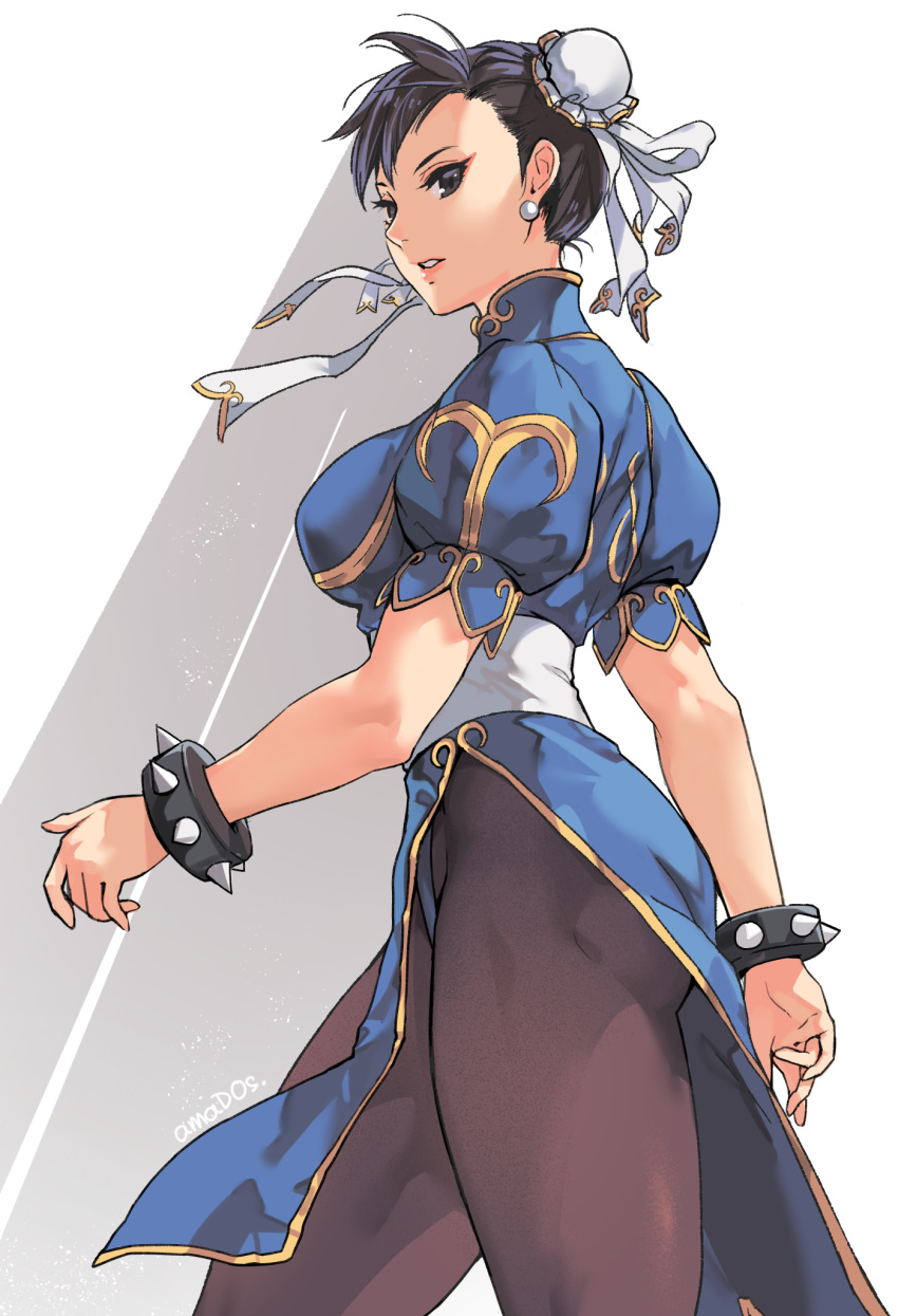 amado_(shin) blue_dress bracelet chun-li double_bun dress female hair_bun highres jewelry looking_at_viewer pantyhose puffy_short_sleeves puffy_sleeves short_sleeves smile solo spiked_bracelet spikes street_fighter