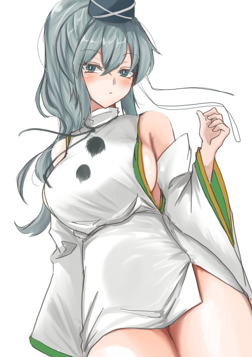 absurdres bare_legs bare_shoulders blush breasts detached_sleeves female grey_hair highres japanese_clothes kuraki large_breasts long_hair looking_at_viewer mononobe_no_futo ponytail sideboob simple_background solo thighs touhou white_background