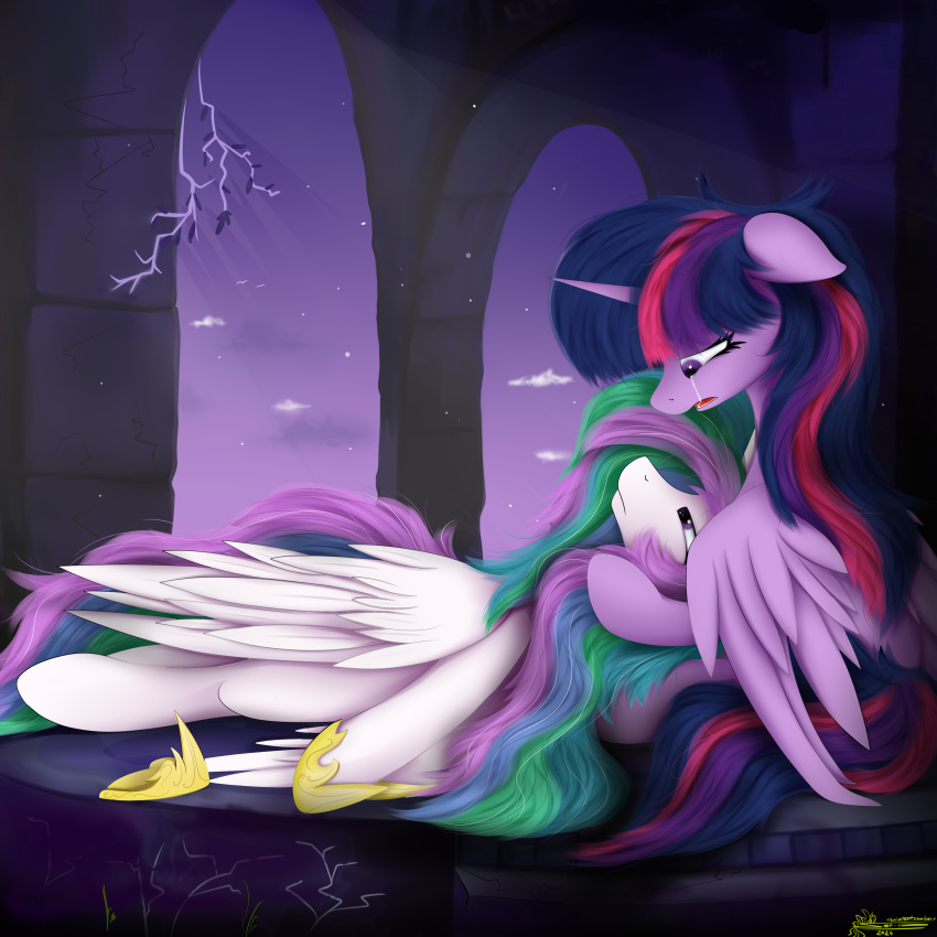 absurd_res alicorn bodily_fluids crying duo equid equine female female/female friendship_is_magic hasbro hi_res horn horse mammal my_little_pony mythological_creature mythological_equine mythology open_mouth pony princess_celestia_(mlp) purple_body purple_sky sad ser-p sky tears twilight_sparkle_(mlp) white_body wings