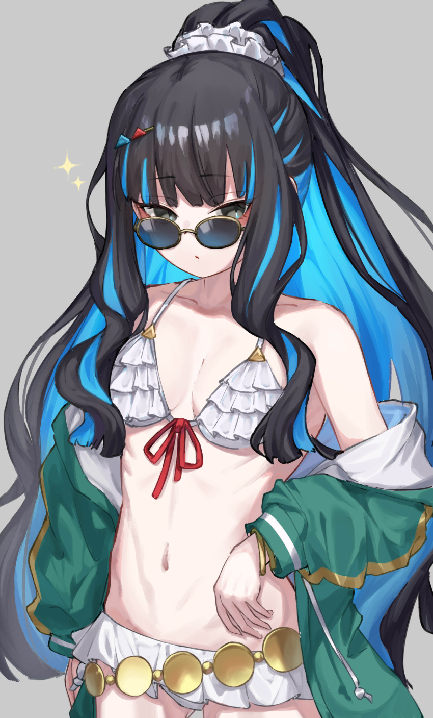 absurdres bare_shoulders belly_chain bikini black_hair blue_hair breasts choker colored_inner_hair eyeliner fate/grand_order fate_(series) female green_jacket grey_eyes high_ponytail highres jacket jewelry lechiennoir long_hair long_sleeves looking_at_viewer makeup multicolored_hair navel off_shoulder round_eyewear sidelocks small_breasts solo sparkle sunglasses swimsuit tenochtitlan_(fate) tenochtitlan_(swimsuit_mooncancer)_(fate) tenochtitlan_(swimsuit_mooncancer)_(first_ascension)_(fate) white_bikini