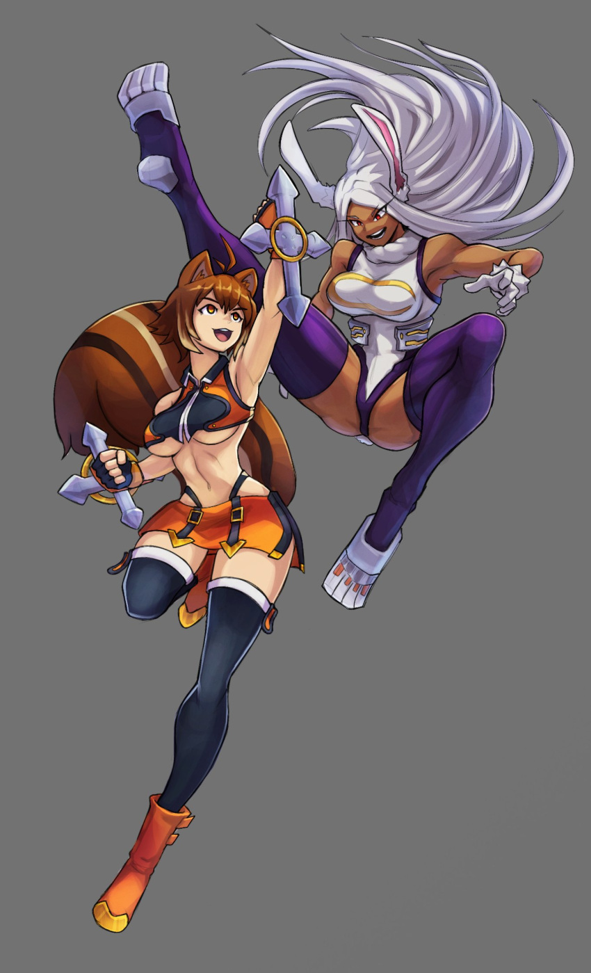 2girls alex_dos_diaz animal_ears arc_system_works blazblue boku_no_hero_academia breasts brown_hair dark-skinned_female dark_skin fighting highres large_breasts leotard long_hair makoto_nanaya midriff mirko multiple_girls navel rabbit_ears revealing_clothes short_hair squirrel_ears squirrel_tail tail thighhighs underboob white_hair