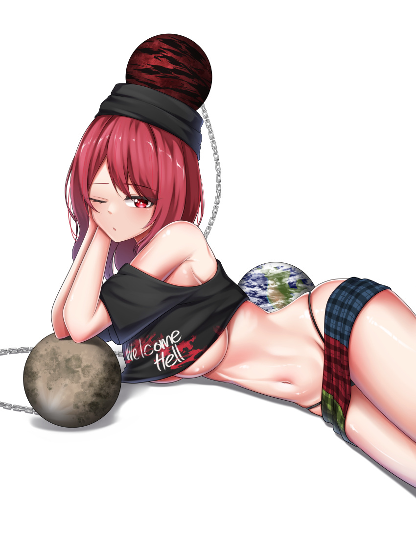 absurdres bare_shoulders black_shirt breasts chains clothes_lift clothes_writing crop_top earth_(ornament) female gold_chain hecatia_lapislazuli highleg highleg_panties highres large_breasts leo23 long_hair looking_at_viewer lying microskirt moon_(ornament) multicolored_clothes multicolored_skirt navel off-shoulder_shirt off_shoulder on_side one_eye_closed panties red_eyes red_hair shirt shirt_lift short_sleeves simple_background skirt solo t-shirt touhou underboob underwear underworld_(ornament) white_background