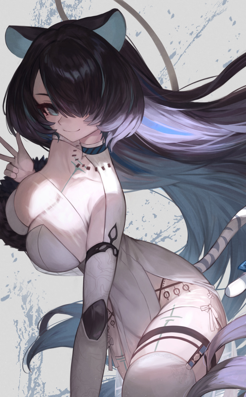 absurdres animal_ears black_hair blue_eyes blue_hair breasts cleavage closed_mouth collarbone commission dress erina_makina female hair_over_one_eye halo highres long_hair m0_chi mechanical_arms multicolored_hair pelvic_curtain phase_connect pixiv_commission see-through_cleavage see-through_clothes side_slit single_mechanical_arm streaked_hair tail thighhighs tiger_ears tiger_girl tiger_tail virtual_youtuber white_dress white_thighhighs