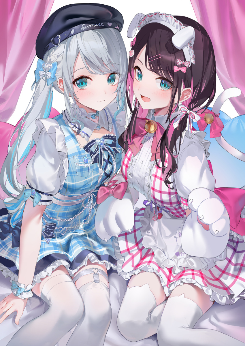 2girls absurdres animal_ear_legwear animal_ears animal_hands apron bell black_hair black_hat blue_dress blue_hair blue_ribbon blush bow breasts cat_ear_legwear cat_ears cat_tail colored_inner_hair detached_collar dress frilled_apron frilled_dress frills gloves green_eyes hair_ornament hair_ribbon hairclip hat highres indoors isaya_(pixiv4541633) jingle_bell kaga_nazuna kaga_sumire large_breasts low_twintails multicolored_hair multiple_girls neck_bell open_mouth paw_gloves pink_dress pink_hair pink_ribbon ribbon small_breasts smile streaked_hair tail tail_bow tail_ornament thigh_strap thighhighs twintails vspo! waist_apron white_hair white_thighhighs wrist_cuffs