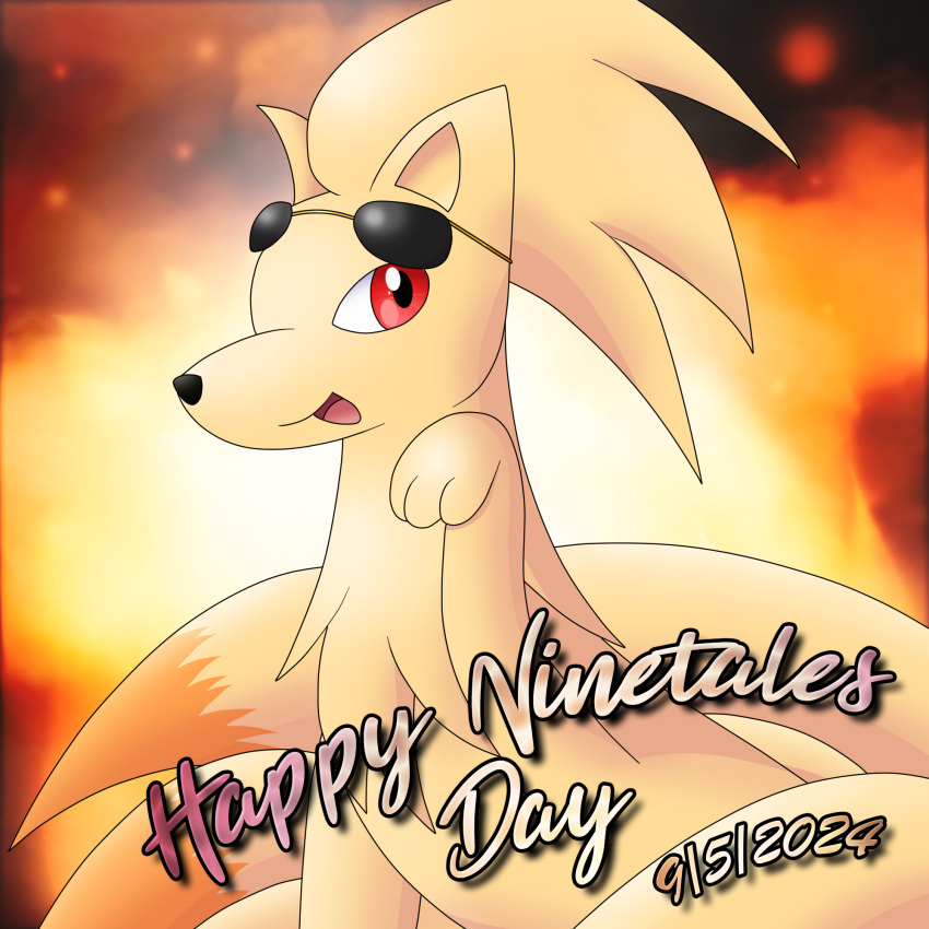 2024 ambiguous_gender avengerseraph black_nose dated digital_media_(artwork) english_text eyewear eyewear_on_head feral generation_1_pokemon hi_res ninetales nintendo number open_mouth paws pokemon pokemon_(species) pupils red_eyes solo sunglasses sunglasses_on_head tail text tongue white_sclera