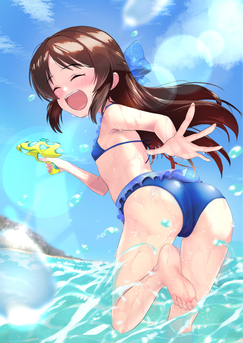 absurdres ass barefoot bikini blue_bikini blue_bow blue_sky bow breasts brown_hair cloud commentary_request commission day female hairbow half_updo highres idolmaster idolmaster_cinderella_girls inoura_keita lens_flare long_hair outdoors pixiv_commission running sky small_breasts smile solo swimsuit tachibana_arisu upper_body wading water water_gun