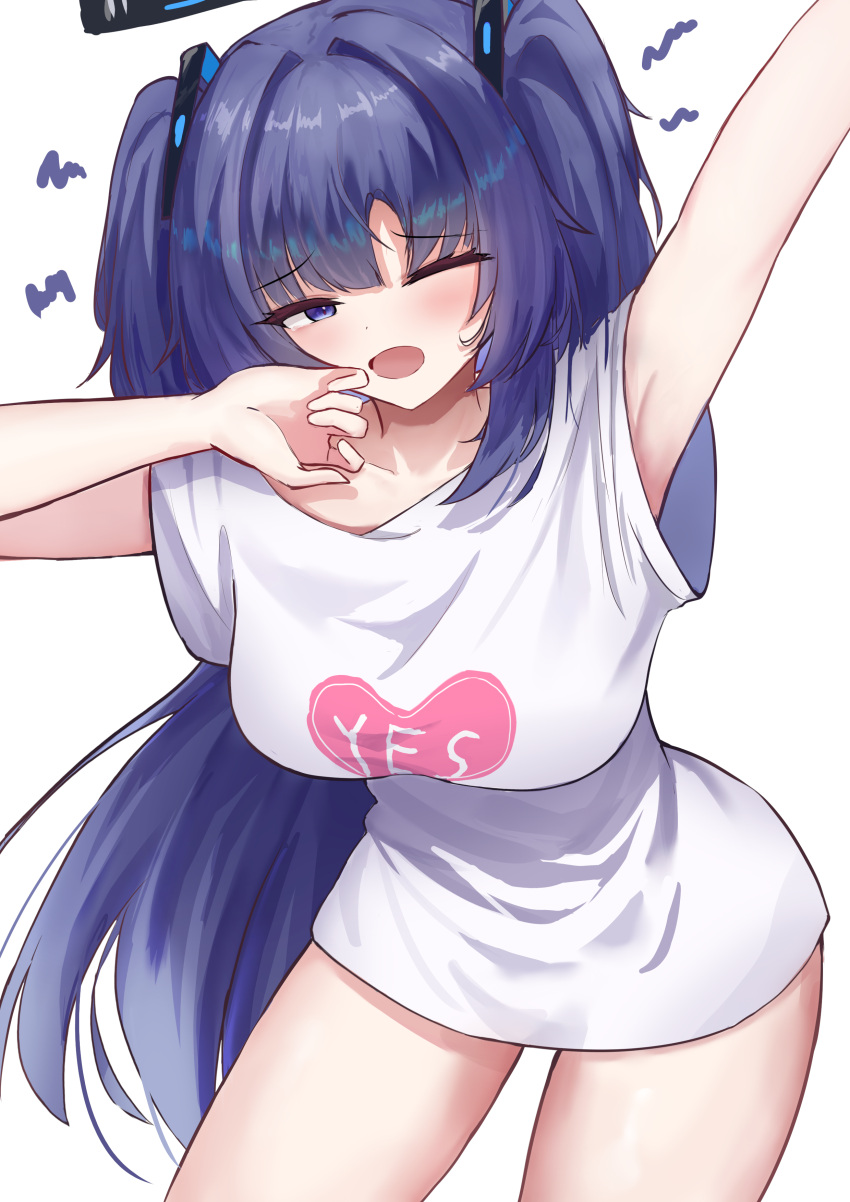 ;o absurdres arm_up armpits bare_legs blue_archive breasts collarbone female halo highres long_hair looking_at_viewer medium_breasts no_pants nonoka7221 one_eye_closed purple_eyes purple_hair shirt simple_background solo thighs two_side_up very_long_hair white_background white_shirt yawning yuuka_(blue_archive)