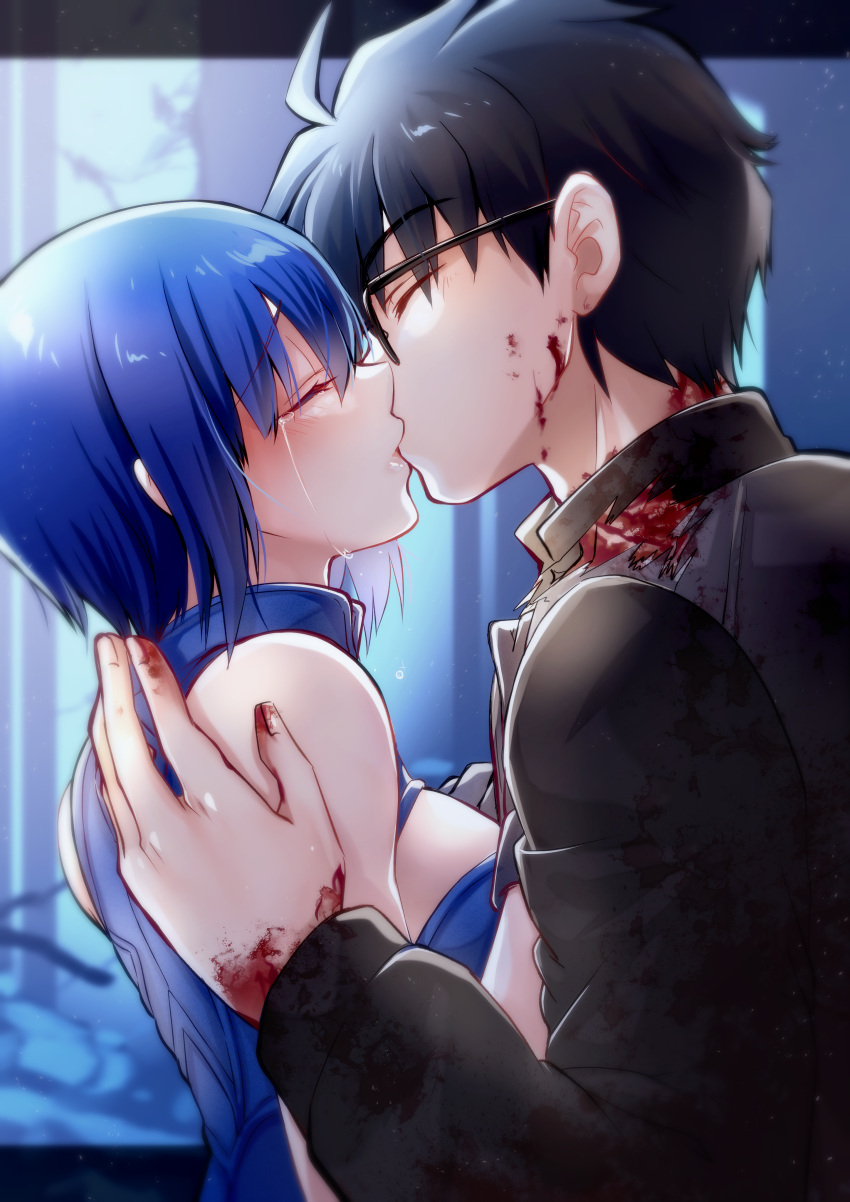 absurdres ahoge bare_shoulders black-framed_eyewear black_gloves black_hair blood blood_on_clothes blood_on_face blue_bodysuit blue_hair blush bodysuit breasts ciel_(tsukihime) cleavage_cutout closed_eyes clothing_cutout commentary_request commission crying fingernails glasses gloves height_difference highres injury jacket kissing medium_breasts powered_ciel profile shimotsukishin short_hair skeb_commission sleeveless sleeveless_bodysuit straight tohno_shiki tsukihime tsukihime_(remake)