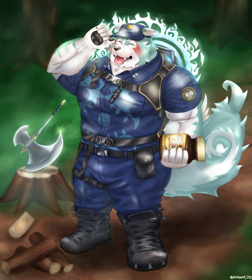 absurd_res anthro axe blue_body blue_fur boots box canid canine canis cjk_character clothing combat_boots container footwear fur gift_box happy hi_res lifewonders male mammal oguchi_magami_(tas) police police_hat police_officer police_uniform ramune1312 shoes solo tokyo_afterschool_summoners uniform wolf