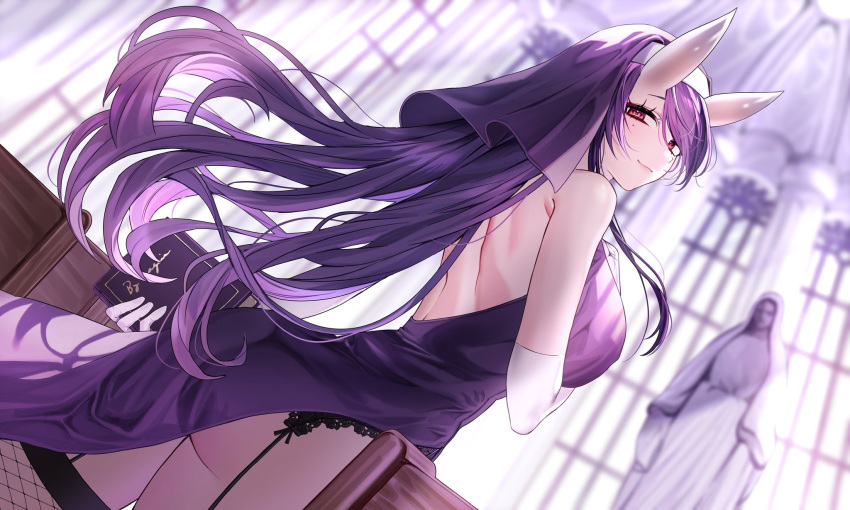 ass black_garter_belt blurry blurry_background book breasts captain_hannah closed_mouth elbow_gloves eyelashes female fishnet_thighhighs fishnets garter_belt gloves highres holding holding_book horns indie_virtual_youtuber large_breasts long_hair median_furrow mole mole_under_eye nun o_t_o_(3u9c6) oni pew purple_hair second-party_source solo statue thighhighs veil virtual_youtuber white_gloves