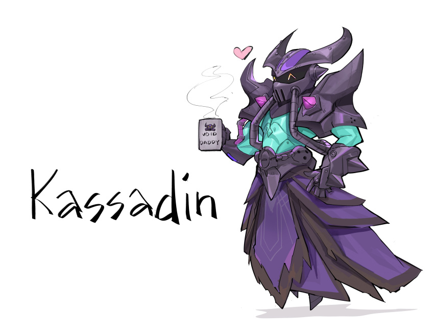 1boy absurdres armor character_name colored_skin fake_horns fourdee gauntlets green_skin happy heart helm helmet highres holding_coffee_pot horned_helmet horns kassadin league_of_legends shoulder_armor shoulder_spikes simple_background smile solo spikes stomach white_background