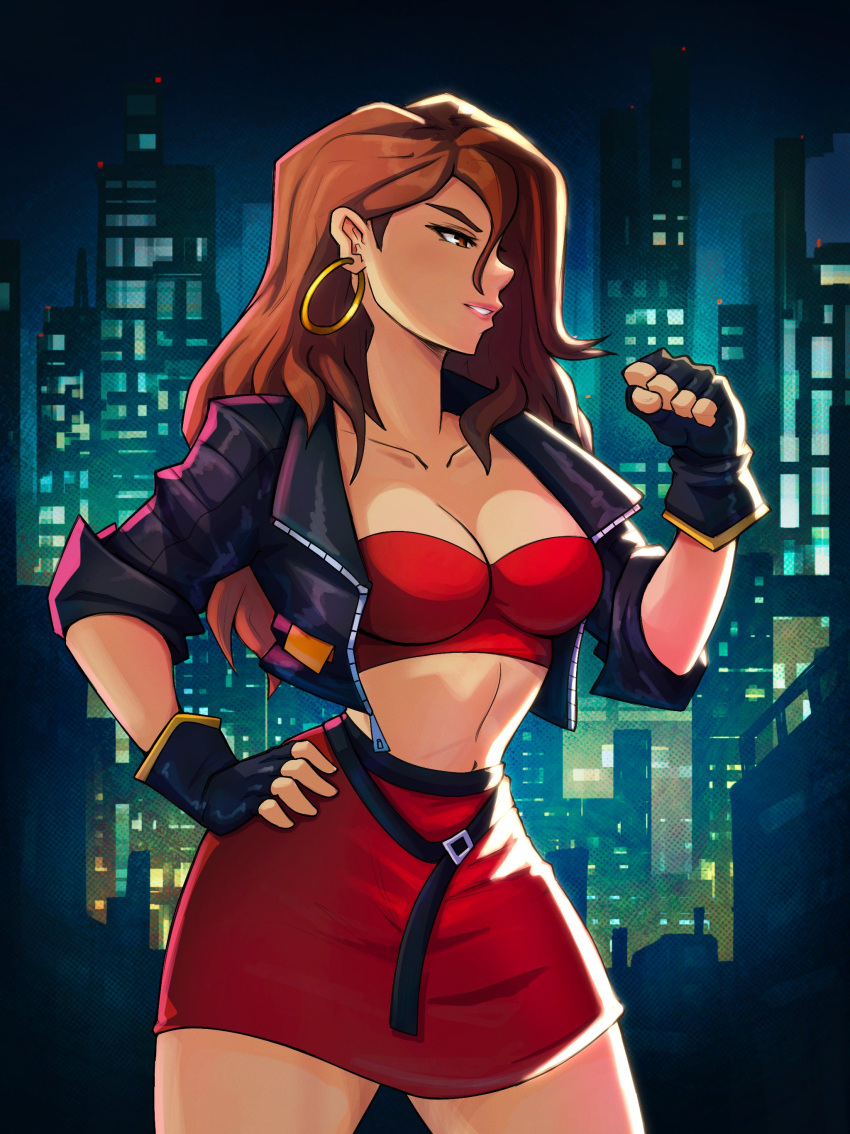 absurdres alex_dos_diaz blaze_fielding breasts brown_hair cityscape cleavage earrings female fingerless_gloves gloves highres jacket jewelry large_breasts long_hair midriff sega skirt solo streets_of_rage_4