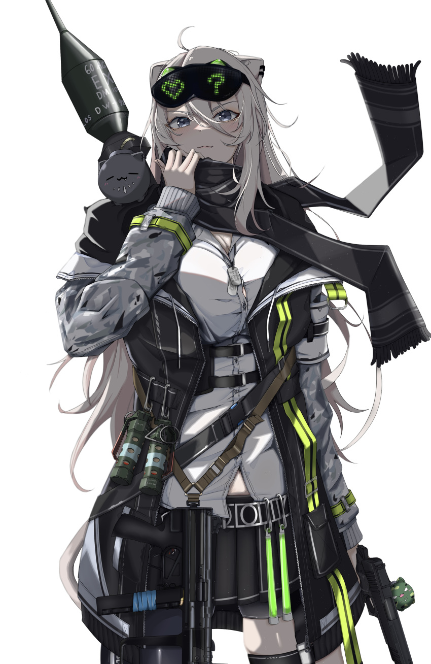 >:) absurdres alternate_costume animal_ear_fluff animal_ear_piercing animal_ears black_coat black_scarf black_skirt black_thighhighs breasts buttons ci7hi9n03 cleavage closed_mouth coat dog_tags double-parted_bangs explosive eyewear_on_head female flashbang grenade grey_eyes gun h&k_mp5k handgun heart highres holding holding_gun holding_weapon hololive lion_ears lion_girl long_hair m1911 miniskirt multicolored_coat oerba_yun_fang open_clothes open_coat panzerfaust_3 pleated_skirt rocket_launcher rpg_(weapon) scarf shirt shishiro_botan skirt ssrb_(shishiro_botan) submachine_gun thighhighs v-shaped_eyebrows virtual_youtuber weapon white_hair white_shirt zipper