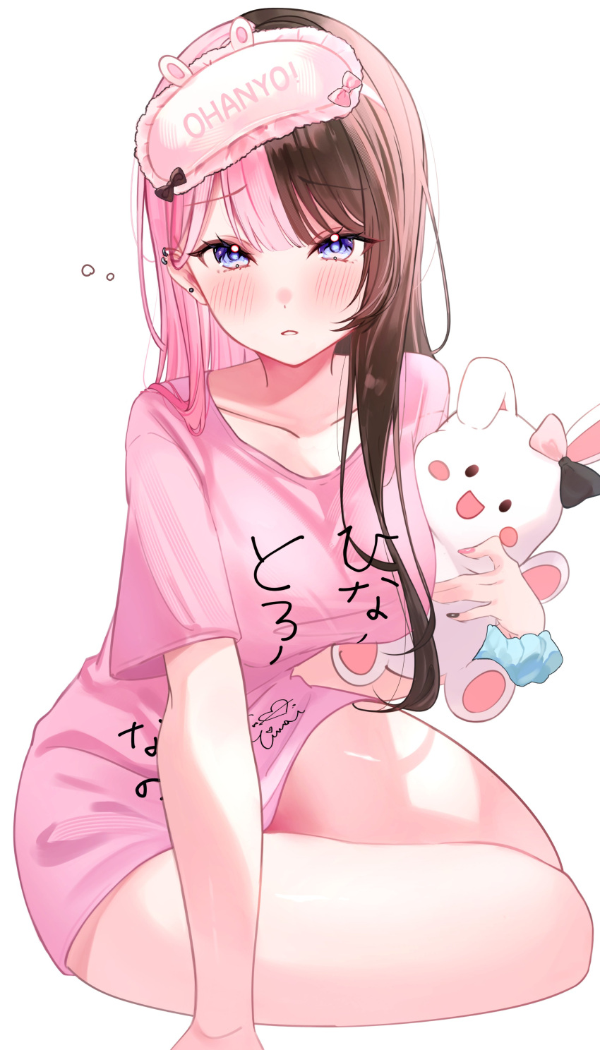 absurdres bare_legs black_hair blue_eyes blush bow collarbone doll ear_piercing earclip female highres holding holding_doll iris_black_games long_hair meercat_dayo multicolored_hair nail_polish piercing pink_hair pink_shirt shirt simple_background sleep_mask solo split-color_hair squeans stuffed_toy tachibana_hinano_(5th_costume) tachibana_hinano_(vtuber) thighs two-tone_hair virtual_youtuber vspo! white_background