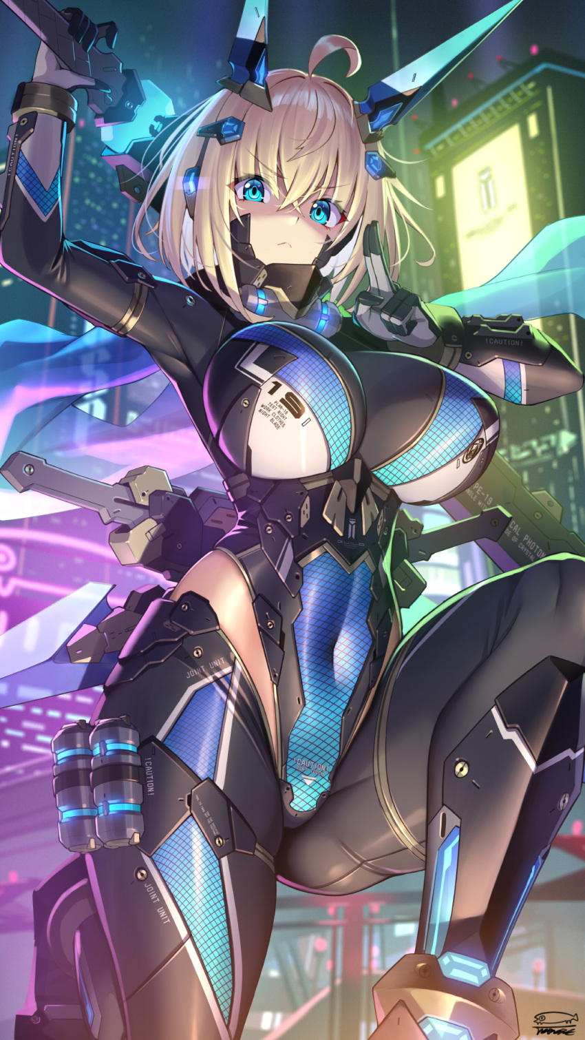 aqua_eyes armored_bodysuit blonde_hair bodysuit breasts building closed_mouth commentary_request covered_navel female hair_between_eyes highres hip_vent holding holding_sword holding_weapon impossible_bodysuit impossible_clothes kuji-in large_breasts looking_at_viewer mecha_musume night ninja on_one_knee original short_hair solo sophia_f_shirring sword sword_behind_back takamine_nadare weapon