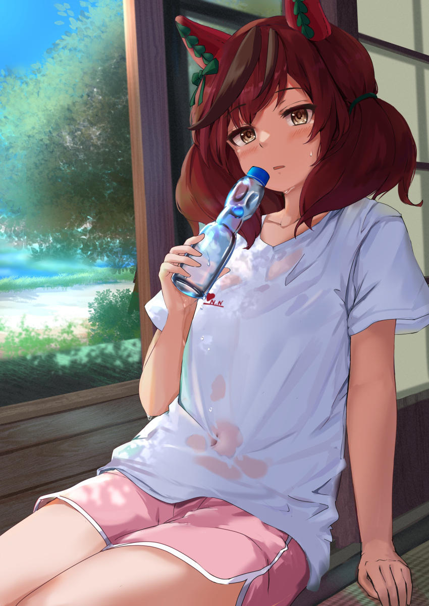 absurdres animal_ears blush bottle female green_ribbons highres horse_ears horse_girl miyama_mizuki_(hoshihoshi1220) nice_nature_(umamusume) pink_shorts ramune ribbon shirt short_hair shorts solo sweat umamusume water_bottle wet wet_clothes wet_shirt white_shirt