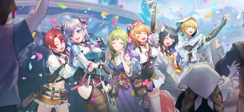 1boy 5girls :d absurdres animal_ear_fluff animal_ears arm_up atelier_(series) atelier_resleriana black_hair blonde_hair blue_eyes blurry blurry_background braid breasts broken_horn cat_ears cat_girl closed_eyes collared_shirt confetti day demon_horns flocke_cerha frilled_skirt frills game_cg gloves green_hair hair_between_eyes hair_ornament hairclip hand_up hat headscarf heidi_(atelier) highres horns izana_kokoschka long_hair long_sleeves looking_at_another looking_back medium_breasts midriff multicolored_hair multiple_girls non-web_source official_art open_mouth outdoors outstretched_arm partially_fingerless_gloves people pink_hat pouch purple_hair red_hair resna_sternenlicht roman_kalman shirt short_hair skirt smile standing test_tube thigh_pouch two-tone_hair valeria_(atelier) white_shirt