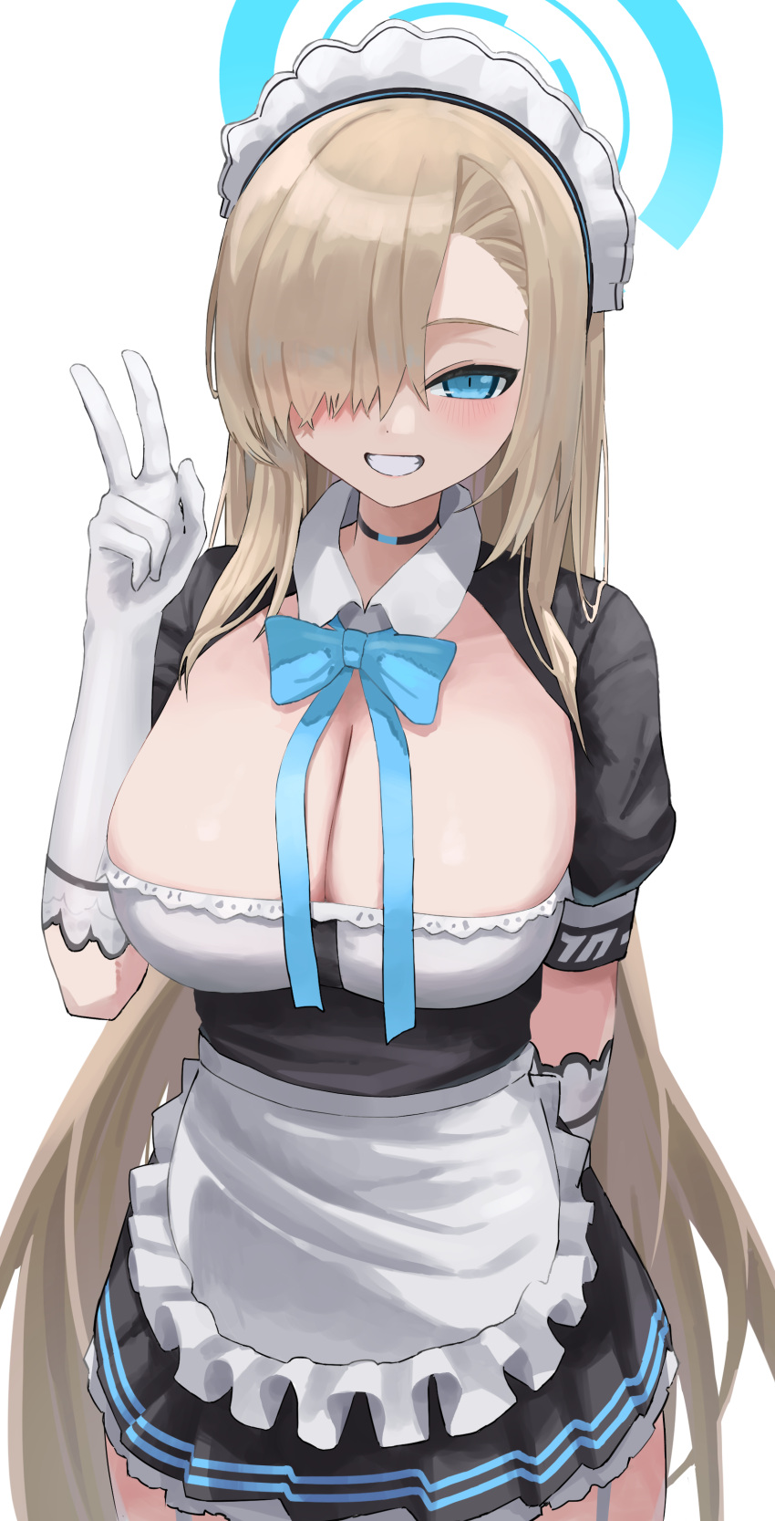 absurdres apron arm_behind_back asuna_(blue_archive) asymmetrical_bangs black_choker black_dress blonde_hair blue_archive blue_bow blue_bowtie blue_eyes blue_halo blush bow bowtie breasts choker cleavage collared_shirt commentary cowboy_shot dress elbow_gloves female frilled_apron frills garter_straps gloves grin hair_between_eyes hair_over_one_eye halo hand_up highres large_breasts long_hair maid maid_headdress one_eye_covered parted_lips rihitonn shirt short_sleeves simple_background smile solo standing very_long_hair waist_apron white_apron white_background white_gloves