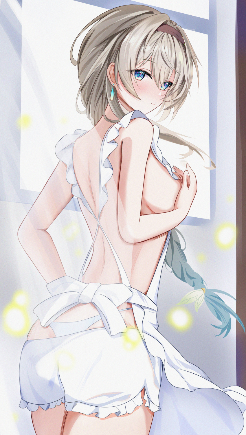 absurdres alternate_costume apron aqua_hair ass back breasts bug closed_mouth cowboy_shot earrings female firefly firefly_(honkai:_star_rail) grey_hair highres honkai:_star_rail honkai_(series) indoors jewelry lacia long_braid long_hair looking_at_viewer medium_breasts multicolored_hair nearly_naked_apron panties shorts sideboob smile solo thighs two-tone_eyes two-tone_hair underwear white_apron white_panties white_shorts