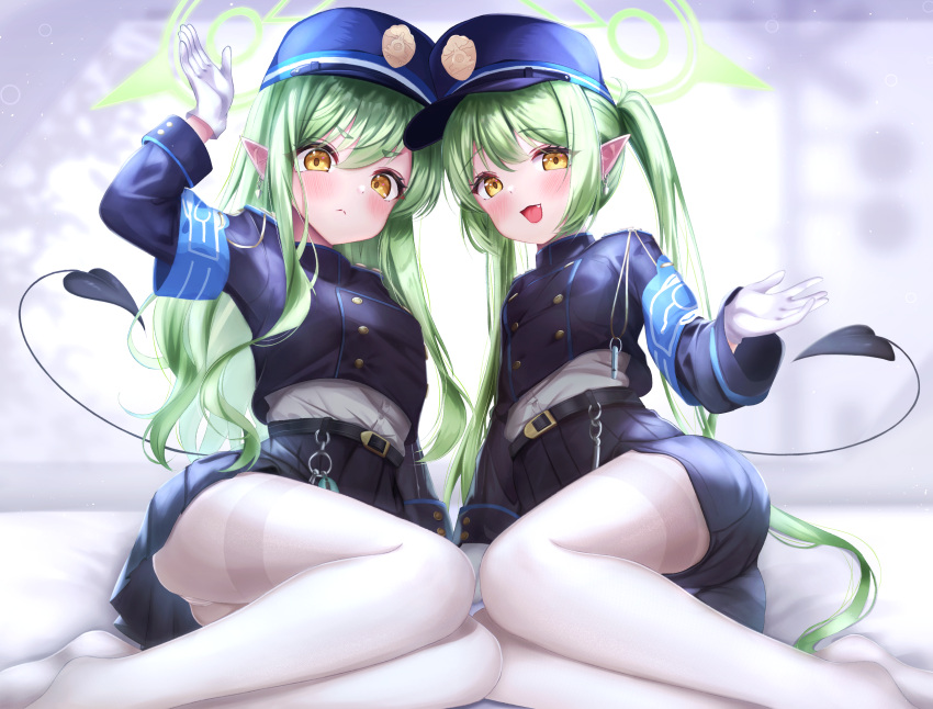 2girls absurdres arashiomoto armband black_hat black_tail blue_archive blue_armband buttons demon_tail double-breasted green_hair green_halo halo hand_up hat highres hikari_(blue_archive) long_hair looking_at_viewer multiple_girls nozomi_(blue_archive) pantyhose peaked_cap pointy_ears seiza siblings sisters sitting smile smug tail train_conductor twins twintails white_pantyhose