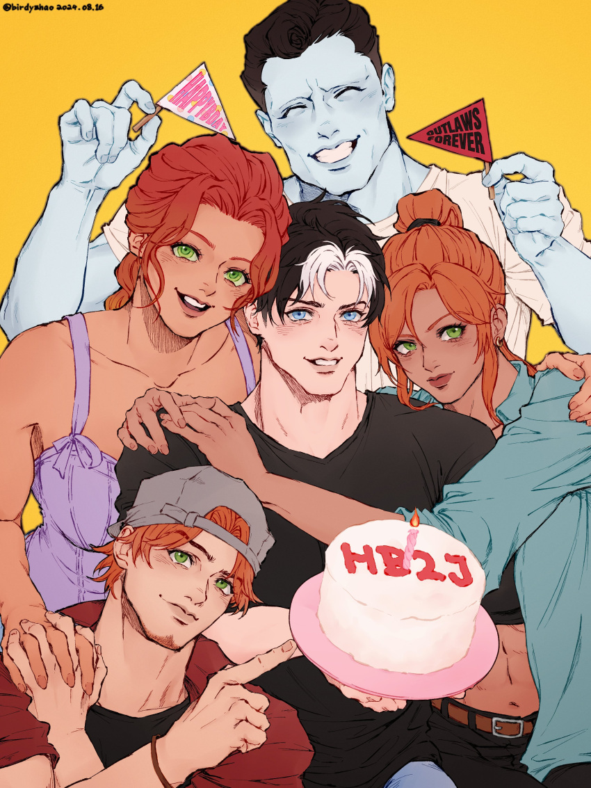 absurdres artemis_of_bana-mighdall backwards_hat batman_(series) birdyzhao_re birthday_cake bizarro_(superman) black_hair blue_eyes cake colored_skin couple dc_comics food green_eyes hat highres holding jason_todd long_hair multicolored_hair multiple_boys muscular muscular_male open_mouth red_hair roy_harper shirt short_hair simple_background smile starfire superman_(series) teeth two-tone_hair white_hair