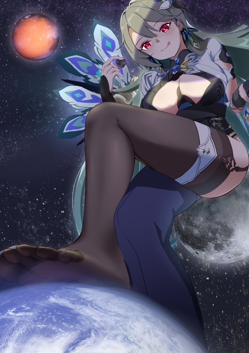 :p absurdres breasts chinese_commentary crossed_legs earth_(planet) feet female foot_focus full_body green_hair highres honkai_(series) honkai_impact_3rd huang_cheng_yu light_smile long_hair looking_down moon planet red_eyes soles star_(sky) stepped_on thighhighs thighs tongue tongue_out vita_(honkai_impact)