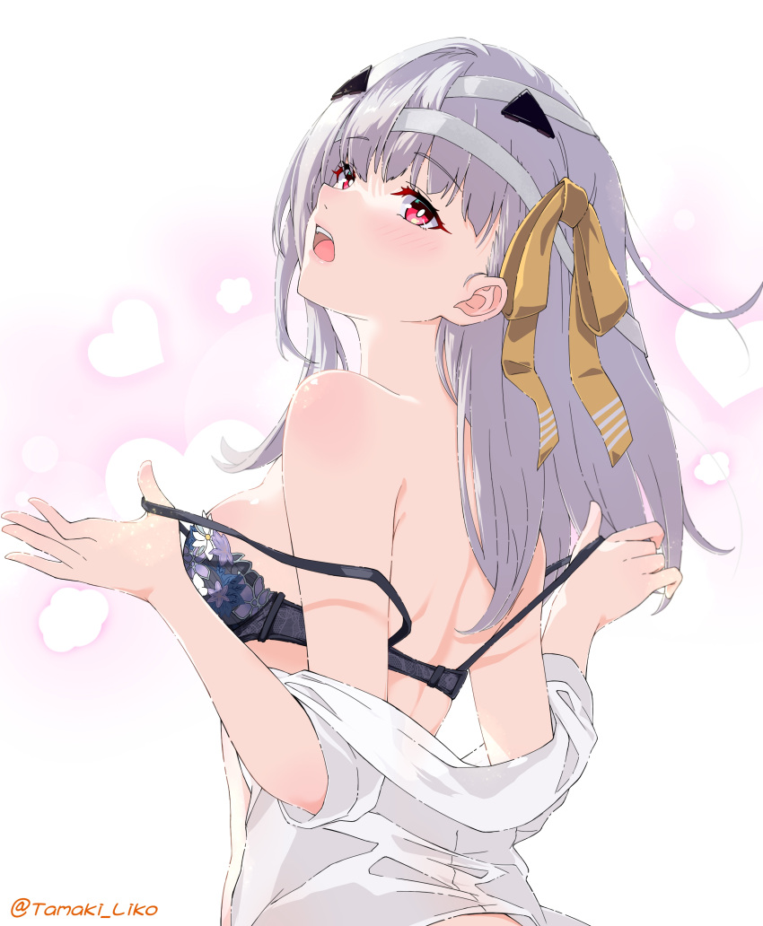 absurdres artist_name back bandaged_head bandages bra female goddess_of_victory:_nikke grey_hair highres modernia_(first_affection)_(nikke) modernia_(nikke) open_clothes open_mouth open_shirt red_eyes removing_bra shirt solo underwear upper_body white_shirt yuzhi_lier