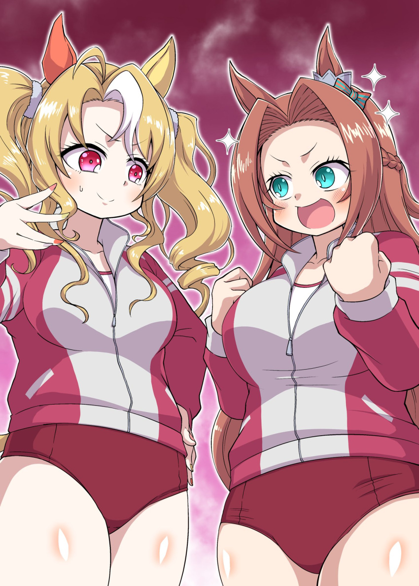 2girls ahoge animal_ears blue_eyes blush breasts brown_hair buruma clenched_hands commentary_request delraich66 forehead hair_between_eyes hair_ornament highres horse_girl kawakami_princess_(umamusume) long_hair medium_breasts medium_hair multiple_girls open_mouth red_eyes simple_background steam twintails umamusume