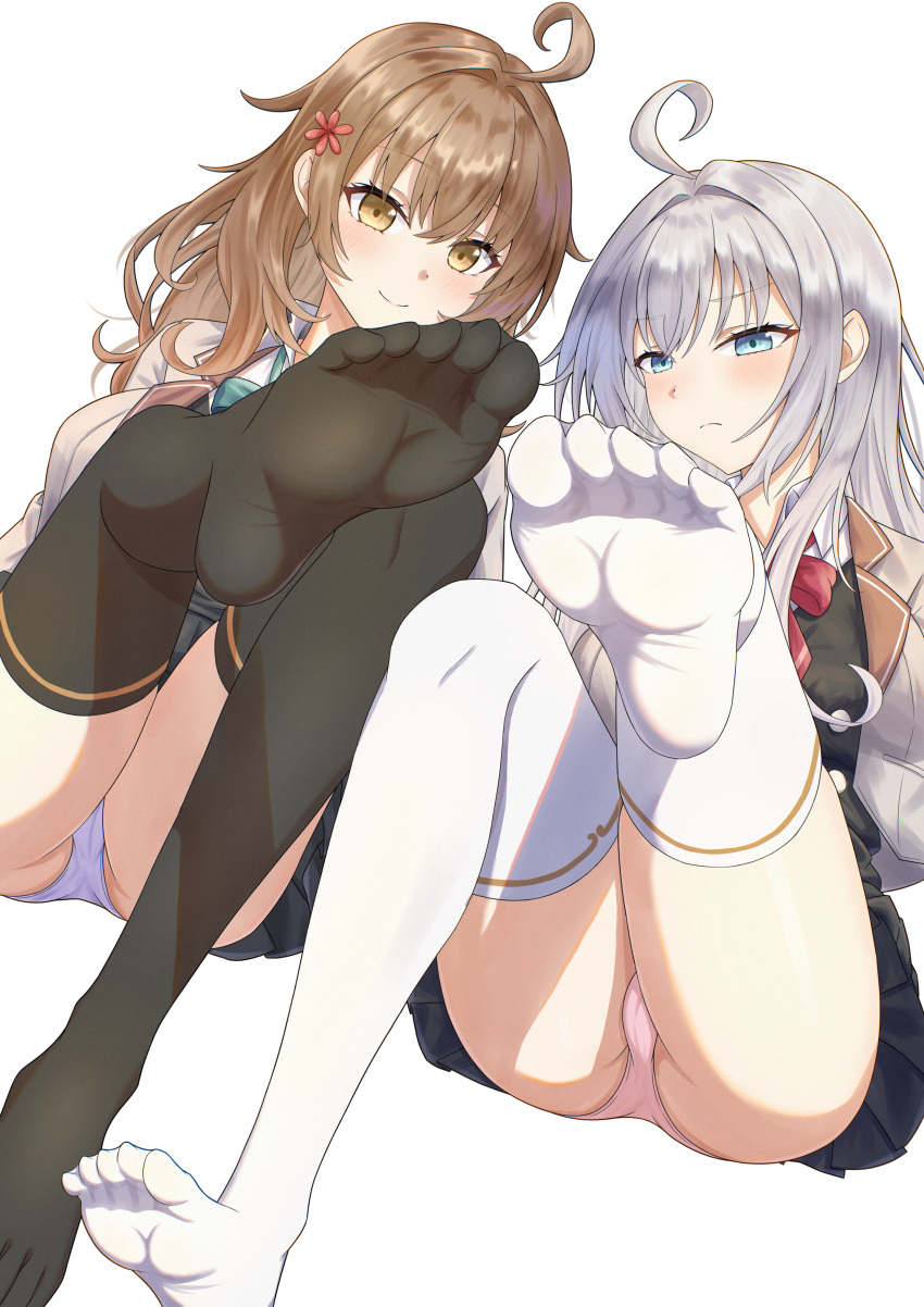 2girls absurdres ahoge alisa_mikhailovna_kujou aqua_bow aqua_bowtie ass black_skirt black_thighhighs black_vest blazer blue_eyes blue_panties bow bowtie brown_eyes brown_hair closed_mouth feet flower foot_focus grey_jacket hair_flower hair_ornament highres invisible_chair jacket long_hair looking_at_viewer mariya_mikhailovna_kujou miniskirt multiple_girls panties pink_panties pleated_shirt red_bow red_bowtie school_uniform seiren_academy_school_uniform siblings simple_background sisters sitting skirt soles taqielang thighhighs toes tokidoki_bosotto_roshia-go_de_dereru_tonari_no_alya-san underwear vest white_background white_hair white_thighhighs