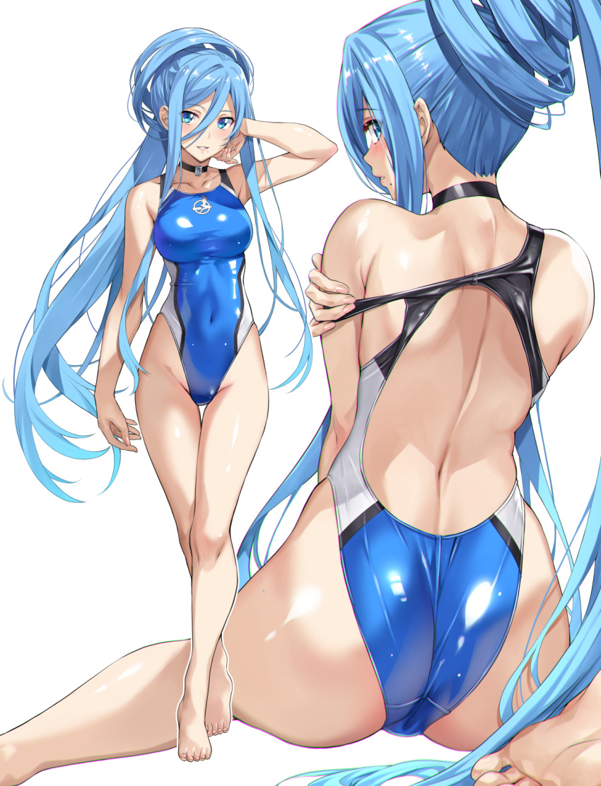 aoki_hagane_no_arpeggio arm_at_side ass barefoot black_choker blue_eyes blue_hair blue_one-piece_swimsuit blush breasts choker clothes_pull commentary_request competition_swimsuit covered_navel crossed_legs feet female from_behind full_body grin hair_between_eyes hand_up highleg highleg_one-piece_swimsuit highres large_breasts long_hair long_hair_between_eyes looking_at_viewer looking_back mole mole_under_mouth multiple_views nagayori one-piece_swimsuit one-piece_swimsuit_pull ponytail pulling_own_clothes shiny_clothes simple_background sitting smile soles standing swimsuit takao_(aoki_hagane_no_arpeggio) thigh_gap toes very_long_hair white_background yokozuwari