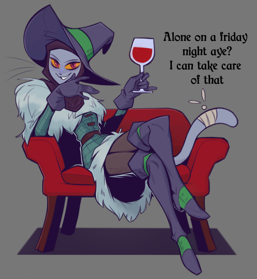 2024 alcohol alone_on_a_friday_night_(meme) anthro beverage biped boots bottomwear captain_aliaynel_seagrey clothing container cup digital_media_(artwork) domestic_cat drinking_glass english_text felid feline felis female female_anthro footwear fur fur_clothing furniture glass glass_container glass_cup gloves grey_background grey_body grey_fur handwear hat headgear headwear hi_res holding_glass holding_object holding_wine_glass legwear lenyavok looking_at_viewer mammal meme monotone_background pants pupils red_eyes shoes simple_background sitting slit_pupils sofa solo talking_to_viewer text thigh_boots thigh_highs whiskers wine wine_glass witch_hat yellow_sclera