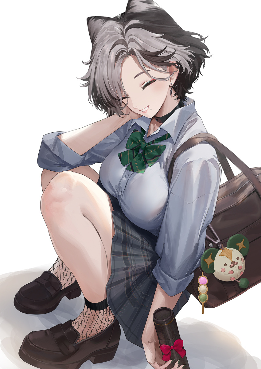 bag black_collar black_hair blue_eyeshadow breasts brown_bag buttons closed_eyes collar collared_shirt earrings ekao eyelashes eyeshadow female green_necktie grey_hair grey_skirt highres holding jewelry kunai_nakasato makeup mole mole_under_mouth multicolored_hair necktie nijisanji nijisanji_en plaid_clothes plaid_skirt red_eyeshadow school_bag school_uniform shirt shoes short_hair skirt sleeves_rolled_up smile solo squatting two-tone_hair virtual_youtuber white_shirt