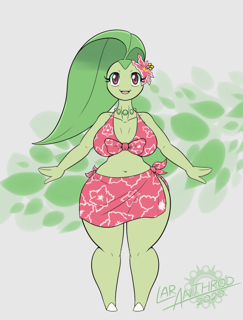 anthro artist_name breasts brown_eyes chikorita clothed clothing english_text eyelashes female fingers flower generation_2_pokemon green_body green_text hi_res latiar looking_at_viewer nintendo number open_mouth open_smile plant pokemon pokemon_(species) simple_background smile solo standing text tongue white_sclera wide_hips