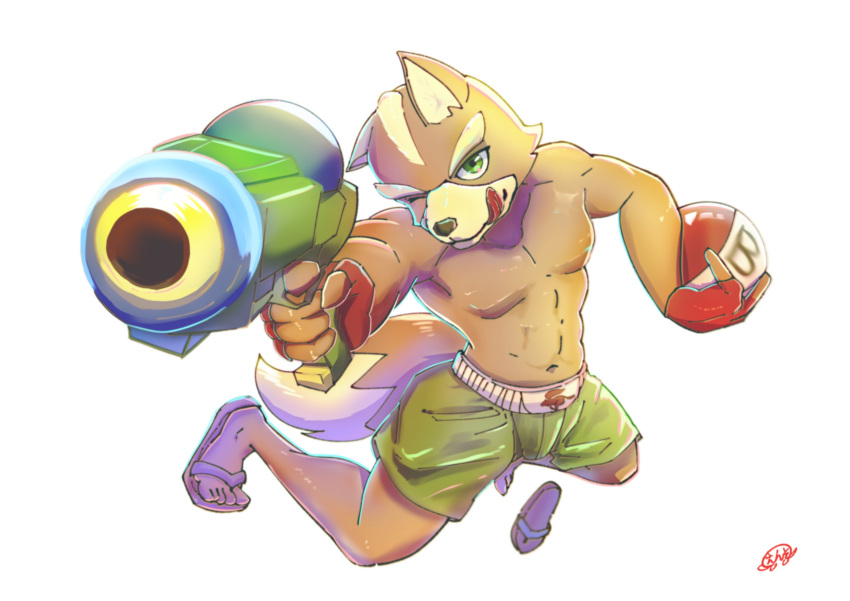 1boy absurdres aiming aiming_at_viewer alternate_costume animal_ears animal_nose ball beachball body_fur brown_fur enso_turtle fox_boy fox_ears fox_mccloud fox_tail furry furry_male green_eyes highres holding holding_ball holding_beachball one_eye_closed smile solo star_fox super_smash_bros. tail tongue tongue_out water_gun