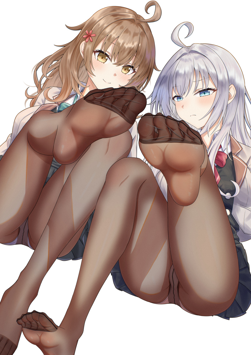 2girls absurdres ahoge alisa_mikhailovna_kujou aqua_bow aqua_bowtie ass black_skirt black_vest blazer blue_eyes blue_panties bow bowtie brown_eyes brown_hair brown_pantyhose closed_mouth feet flower foot_focus grey_jacket hair_flower hair_ornament highres invisible_chair jacket long_hair looking_at_viewer mariya_mikhailovna_kujou miniskirt multiple_girls panties pantyhose pink_panties pleated_shirt red_bow red_bowtie school_uniform seiren_academy_school_uniform siblings simple_background sisters sitting skirt soles taqielang thighhighs toes tokidoki_bosotto_roshia-go_de_dereru_tonari_no_alya-san underwear vest white_background white_hair