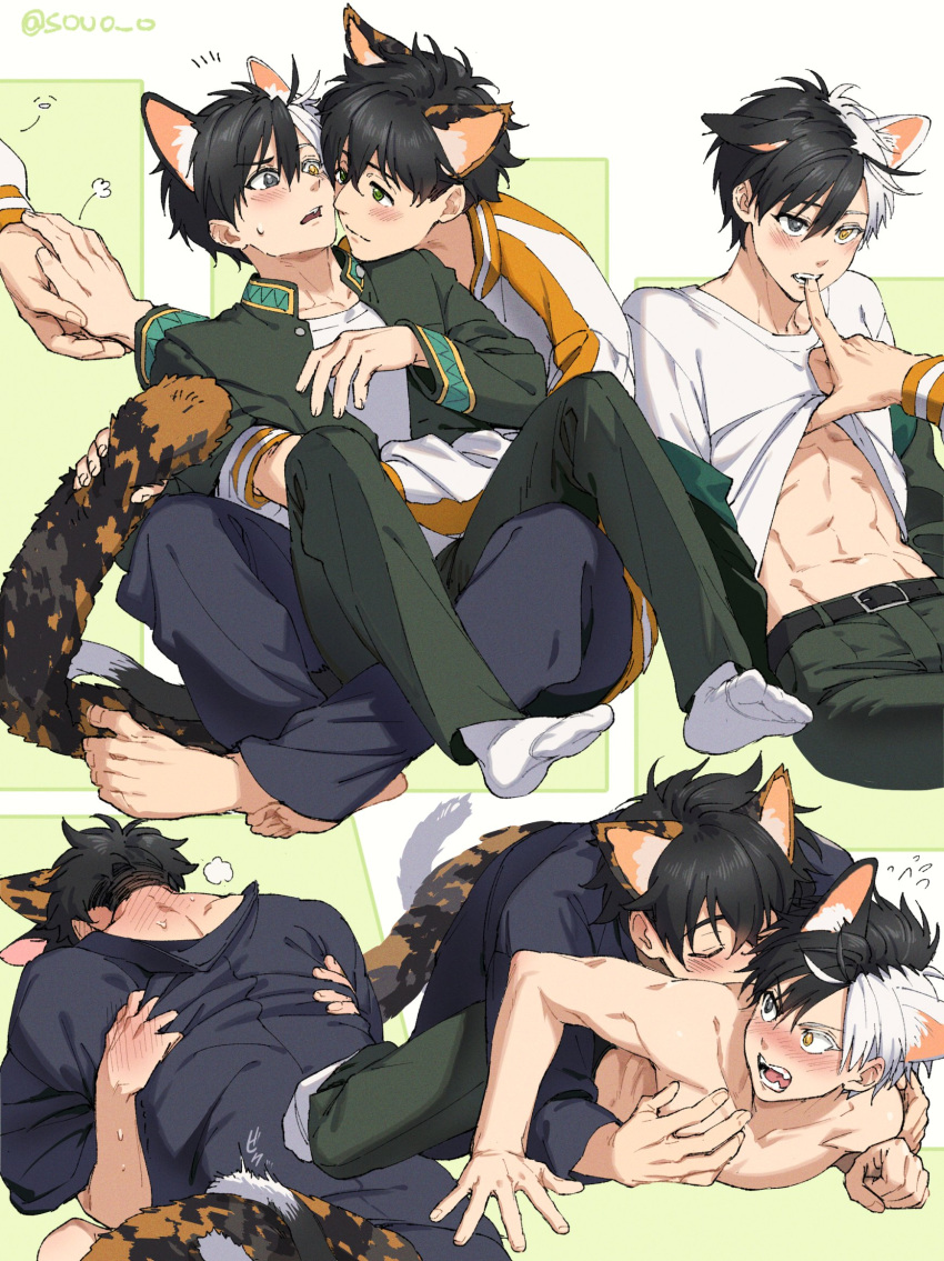 2boys abs animal_ears artist_name barefoot black_hair black_jacket blush body_blush cat_boy cat_ears cat_tail clothes_lift eye_contact gakuran green_background green_jacket green_pants heterochromia highres jacket looking_at_another male_focus motion_lines multicolored_hair multiple_boys navel open_clothes open_jacket open_mouth pants sakura_haruka_(wind_breaker) school_uniform shirt shirt_lift socks soul_(tamashii) split-color_hair t-shirt tail teeth tiger_boy tiger_ears tiger_tail togame_jou topless_male twitter_username two-tone_background two-tone_hair white_background white_hair white_shirt white_socks wind_breaker_(nii_satoru) yaoi