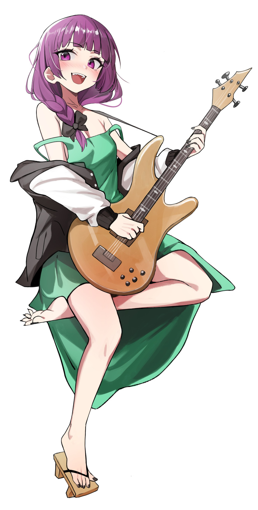 absurdres bass_guitar black_bow black_nails blunt_bangs blush bocchi_the_rock! bow braid dress english_commentary female full_body green_dress hair_over_shoulder hairbow highres hiroi_kikuri instrument kiritzugu long_hair looking_at_viewer open_mouth purple_eyes purple_hair sharp_teeth simple_background single_braid smile standing teeth white_background