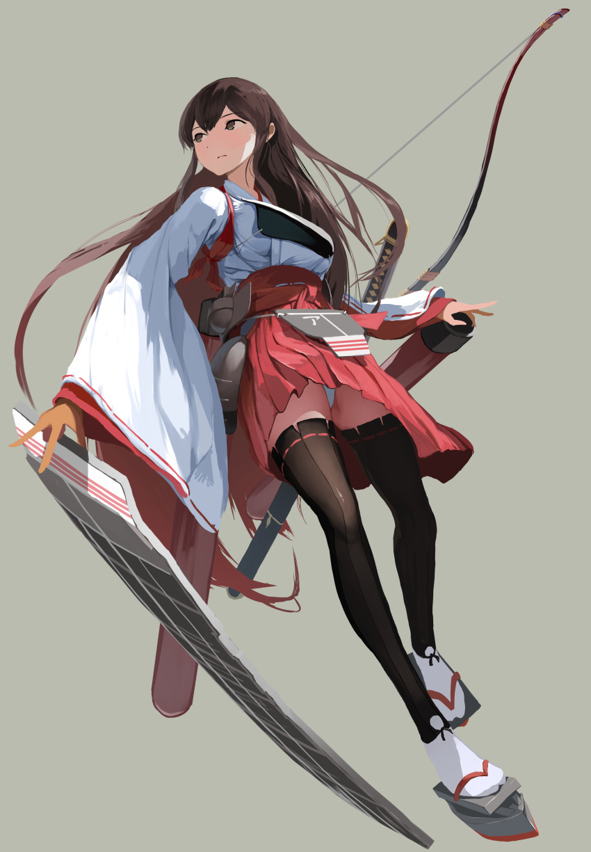 absurdres akagi_(kancolle) akagi_kai_ni_(kancolle) apron black_hair female flight_deck gaiters gloves grey_eyes hakama hakama_short_skirt hakama_skirt highres hull_shoes japanese_clothes kantai_collection long_hair muneate partially_fingerless_gloves red_hakama sannsogyoraikai skirt solo tasuki thighhigh_gaiters thighhighs very_long_hair yugake yumi_(bow)