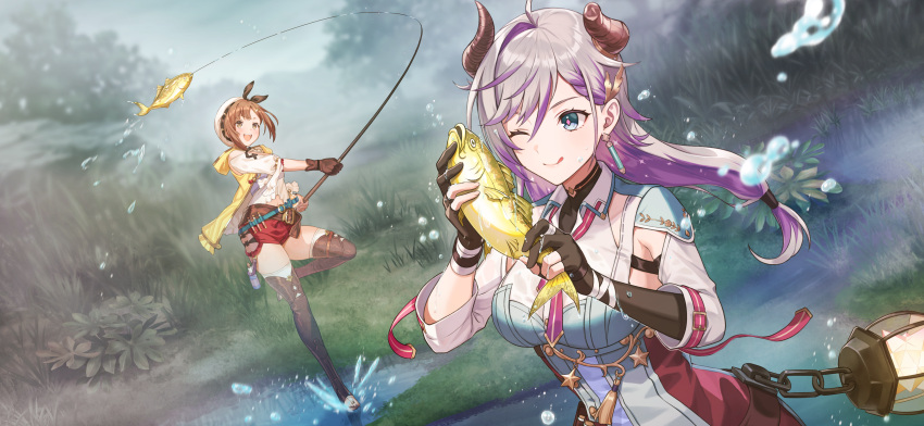 2girls ;q absurdres ahoge animal atelier_(series) atelier_resleriana atelier_ryza atelier_ryza_1 beret black_gloves blue_eyes breasts broken_horn brown_eyes brown_hair day demon_horns earrings fish fishing fishing_rod fog game_cg gloves grass hair_between_eyes hat highres holding holding_animal holding_fish holding_fishing_rod horns jewelry lantern long_hair long_sleeves low-tied_long_hair multicolored_hair multiple_girls non-web_source official_art one_eye_closed open_mouth outdoors partially_fingerless_gloves puddle purple_hair red_shorts reisalin_stout short_hair shorts smile standing standing_on_one_leg thighhighs tongue tongue_out two-tone_hair valeria_(atelier) water water_drop white_thighhighs