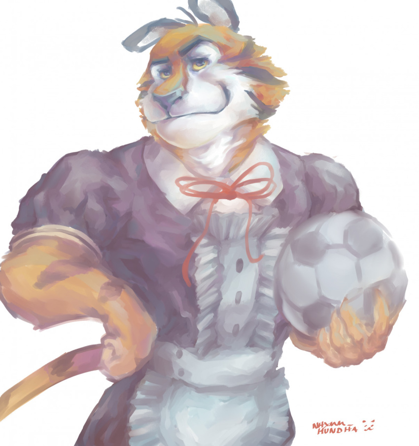 anthro ball bow_ribbon clothing digital_media_(artwork) digital_painting_(artwork) eyebrows felid frosted_flakes hand_on_hip hi_res holding_object kellogg's maid_uniform male mammal mascot nhymm_hundha orange_body pantherine raised_eyebrow simple_background smile solo striped_body stripes tail tiger tony_the_tiger uniform white_background