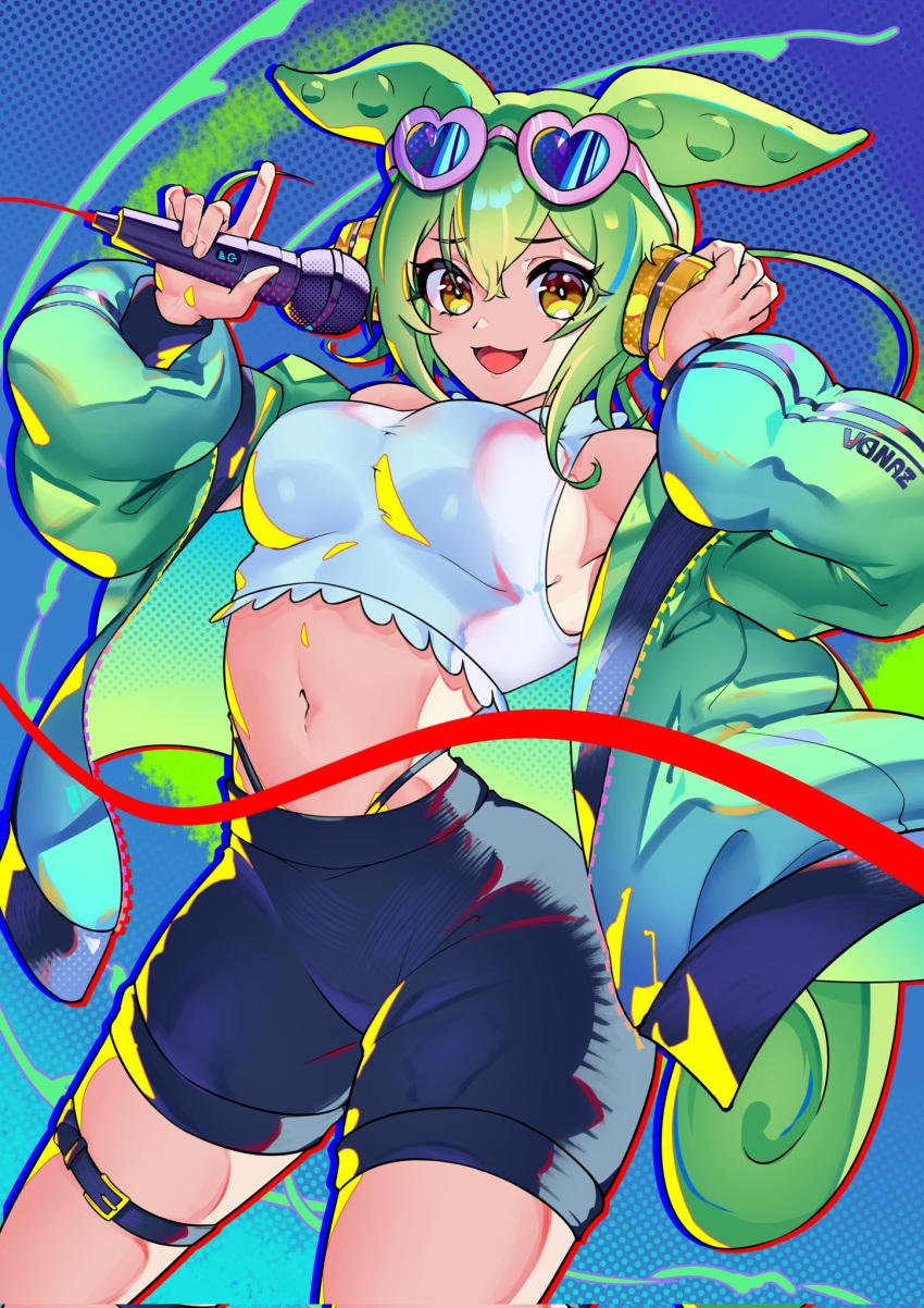 alternate_breast_size alternate_costume belt black_belt black_shorts black_trim breasts character_name clothes_writing down_jacket eyebrows_hidden_by_hair eyewear_on_head female frilled_shirt frills green_hair hand_on_headphones headphones heart heart-shaped_eyewear highres holding holding_microphone jacket long_hair looking_at_viewer microphone navel open_clothes open_jacket open_mouth shirt shorts shriohalfarm sidelocks stomach thigh_belt thigh_strap voicevox white_shirt yellow_eyes zundamon