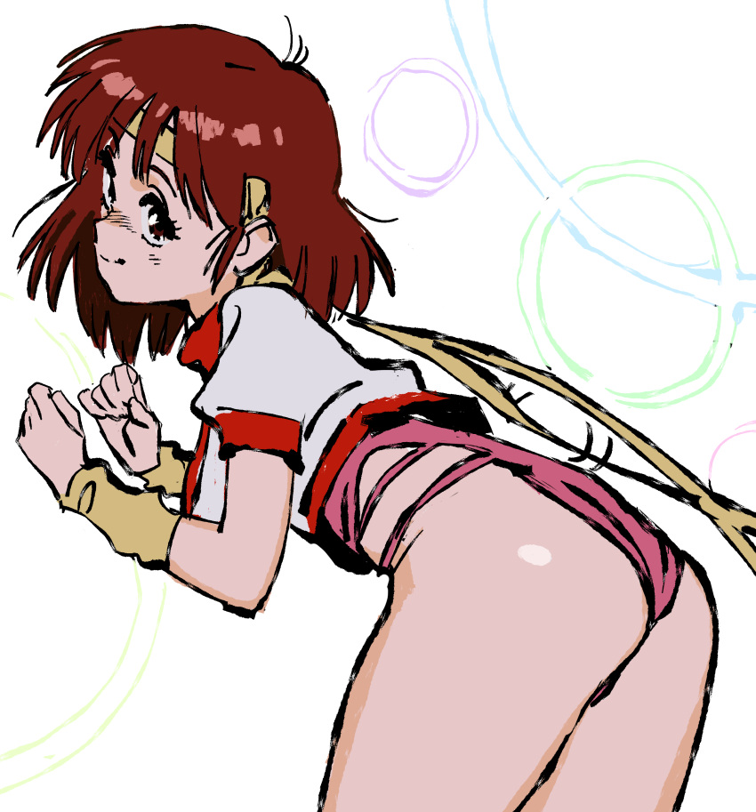 1980s_(style) absurdres arm_warmers ass bent_over brown_eyes brown_hair cropped_shirt eyelashes female hachimaki headband highleg highleg_leotard highres imamura_ryou leotard looking_at_viewer pink_leotard retro_artstyle short_sleeves simple_background smile solo takaya_noriko thong_leotard top_wo_nerae! top_wo_nerae!_(series) two-tone_shirt yellow_headband