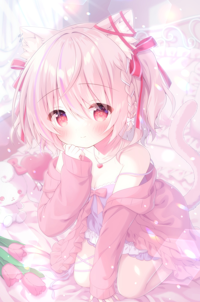 animal_ear_fluff animal_ear_piercing animal_ears blush bow braid cardigan cat_ears cat_girl cat_tail closed_mouth commentary_request coro_chosatai female flower frilled_cardigan frilled_nightgown hair_between_eyes hairbow heart heart_necklace highres indie_virtual_youtuber jewelry kamishiro_piyo looking_at_viewer low_twintails medium_hair multicolored_hair necklace nightgown on_bed open_cardigan open_clothes pink_cardigan pink_eyes pink_flower pink_hair pink_tulip purple_nightgown rabbit-shaped_pupils red_bow seiza sitting smile solo streaked_hair stuffed_animal stuffed_rabbit stuffed_toy symbol-shaped_pupils tail tulip twintails virtual_youtuber white_bow