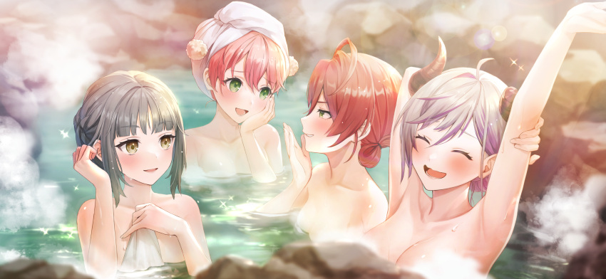 4girls :d absurdres ahoge armpits atelier_(series) atelier_escha_&_logy atelier_resleriana bathing blush breasts broken_horn brown_hair closed_eyes demon_horns escha_malier game_cg green_eyes grey_hair hair_between_eyes hand_on_own_arm hand_up heidi_(atelier) highres horns large_breasts linca_(eighth)_(atelier) long_hair looking_at_another multicolored_hair multiple_girls non-web_source nude official_art onsen open_mouth outdoors pink_hair purple_hair red_hair short_hair smile steam stretching towel towel_on_head two-tone_hair upper_body valeria_(atelier) water