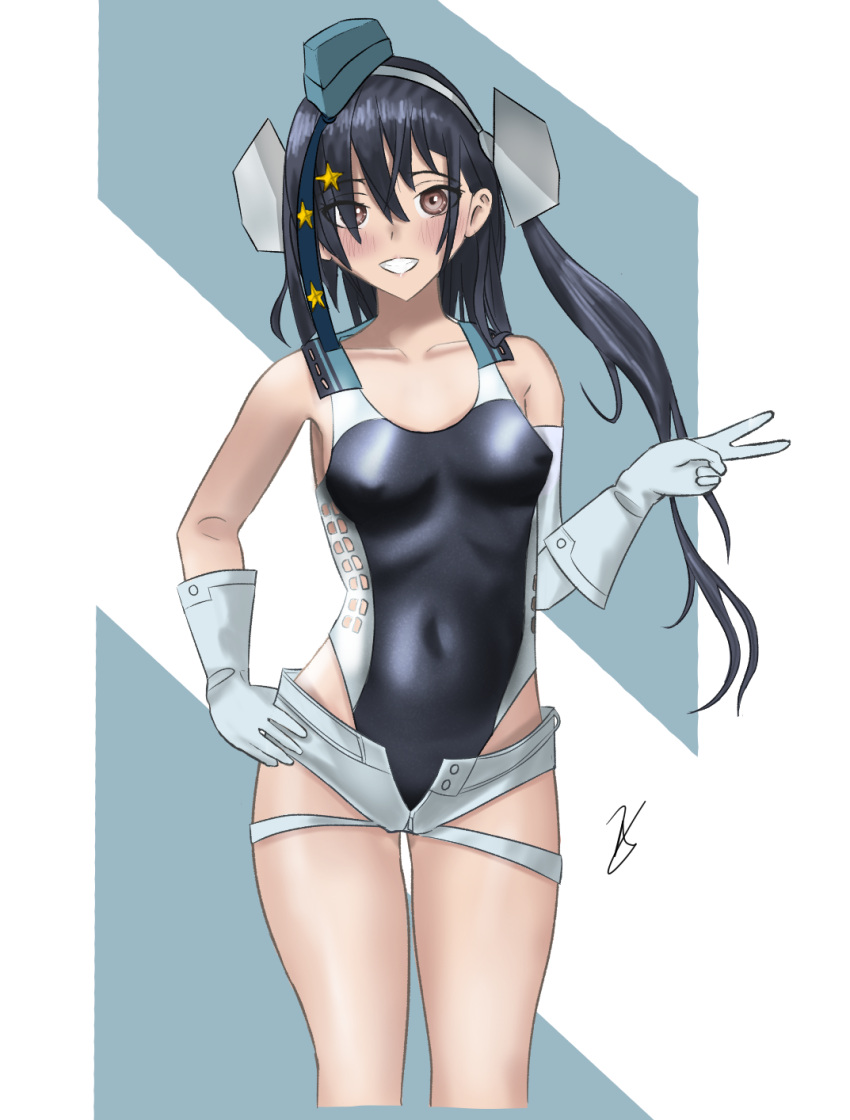 aqua_hat black_hair black_one-piece_swimsuit black_ribbon breasts brown_eyes competition_swimsuit feet_out_of_frame female garrison_cap gloves hair_ornament hand_on_own_hip hat headgear highleg highleg_one-piece_swimsuit highres kantai_collection one-piece_swimsuit ribbon scamp_(kancolle) shigure_(choukaikaini) short_shorts shorts side_ponytail small_breasts solo star_(symbol) star_hair_ornament swimsuit two-tone_one-piece_swimsuit white_gloves white_shorts