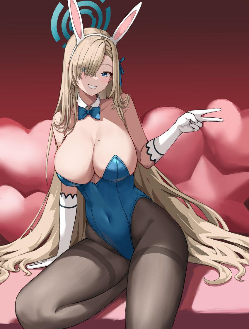 absurdres animal_ears asuna_(blue_archive) asuna_(bunny)_(blue_archive) bare_shoulders black_gloves black_pantyhose blonde_hair blue_archive blue_bow blue_bowtie blue_eyes blue_halo blue_leotard bow bowtie breasts cleavage couch covered_navel elbow_gloves eyes_visible_through_hair fake_animal_ears female gloves halo highres huge_breasts leotard long_hair official_alternate_costume on_couch open_mouth pantyhose rabbit_ears sitting solo teeth unclelei v