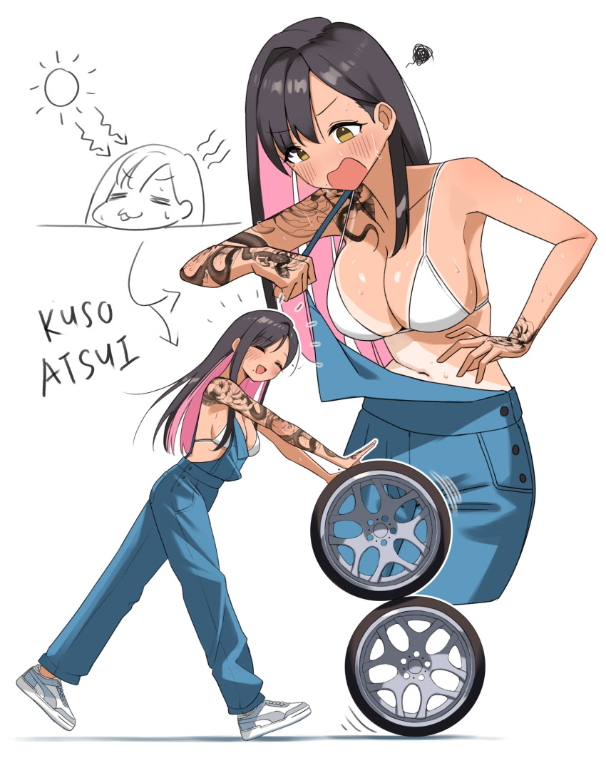 arm_tattoo bikini bikini_top_only black_hair blush character_name female haow highres long_hair multiple_views navel open_mouth original pants shizuku_inoue_(haow) shoes simple_background sneakers solo swimsuit tattoo tire white_background