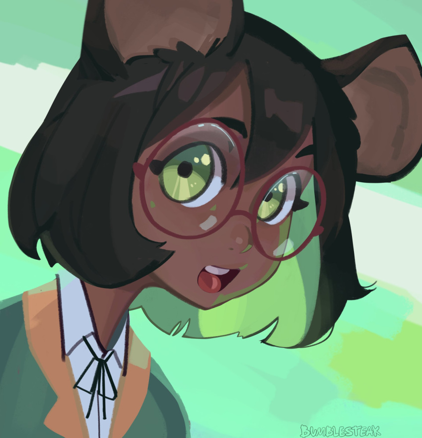 anthro brown_hair bumblesteak clothing eyewear female glasses green_background green_eyes hair headshot_portrait hi_res looking_at_viewer mammal mouse_ears murid murine olive_(bumblesteak) open_mouth portrait rodent short_hair simple_background solo